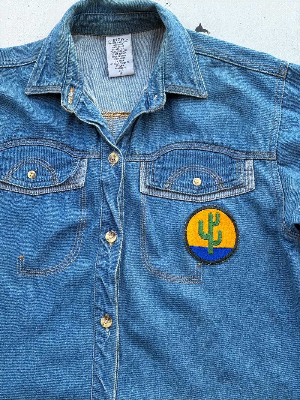 Women's Vintage Disney Denim Shirt Blue Solid 12 Ranch Western Work Patch Desert